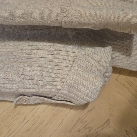 Look @ Me Oatmeal colored tiered Peplum button front sweater. Size large - Picture 8 of 9